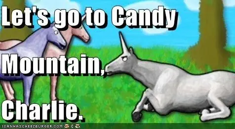 Purple and pink cartoon unicorns leaning over a white unicorn lying in grass, captioned "Let's go to Candy Mountain, Charlie."