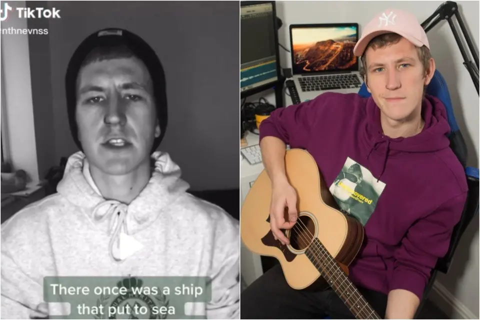 Black-and-white TikTok still subtitled "There once was a ship that put to sea" beside a photo of a man holding a guitar