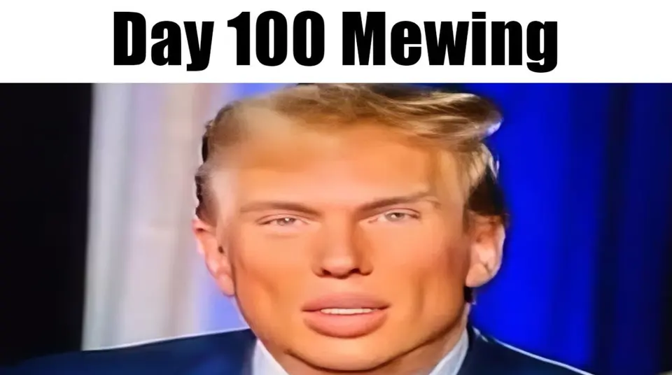 Digitally warped face of a blond man in a suit with an exaggerated sharp jawline and puffed lips, captioned "Day 100 Mewing"
