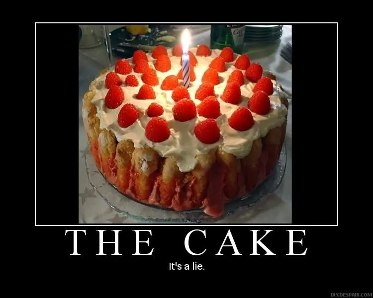 Demotivational poster of a strawberry-topped cake with a lit candle, captioned "THE CAKE" and "It's a lie."