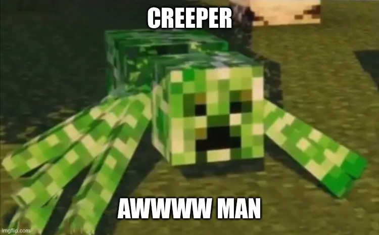 Pixelated green Minecraft creeper lunging toward the camera across grass, captioned "CREEPER" above and "AWWWW MAN" below