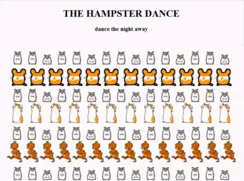 Retro webpage headed "THE HAMPSTER DANCE — dance the night away" filled with rows of tiny cartoon hamsters