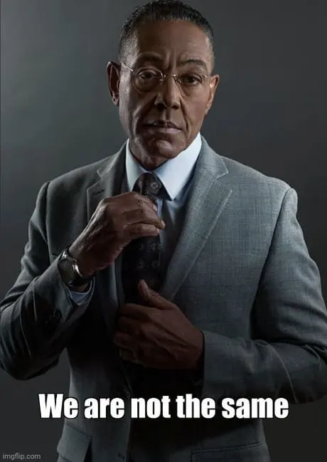 Man in a grey suit and glasses adjusting his tie against a dark backdrop, captioned "We are not the same", imgflip watermark