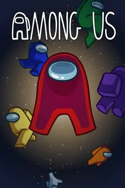Among Us game artwork: a red bean-shaped crewmate floating in space with blue, yellow, purple and orange crewmates around it