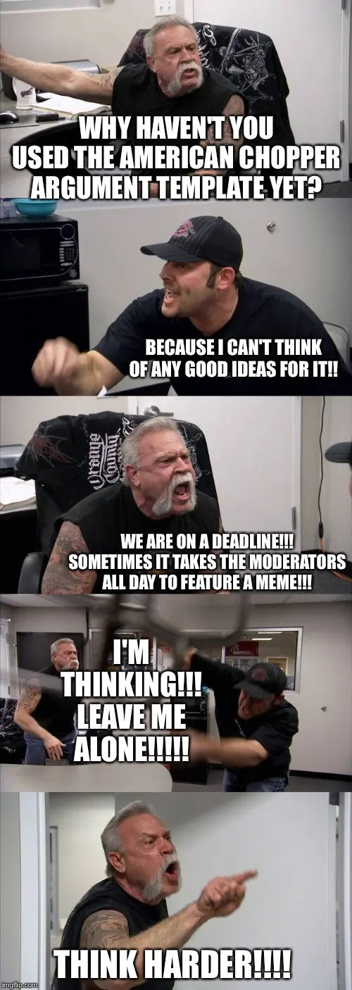 Five-panel screenshot of a mustached older man and a younger man in a cap shouting across an office desk, chair flying