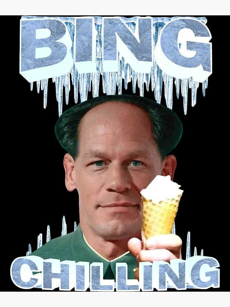 Man in a green shirt and cap holding a soft-serve cone, framed by icicle lettering reading "BING" and "CHILLING"