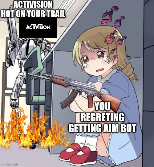 Crying anime girl hugging a rifle behind a wall while a Terminator labeled "Activision" searches nearby amid flames