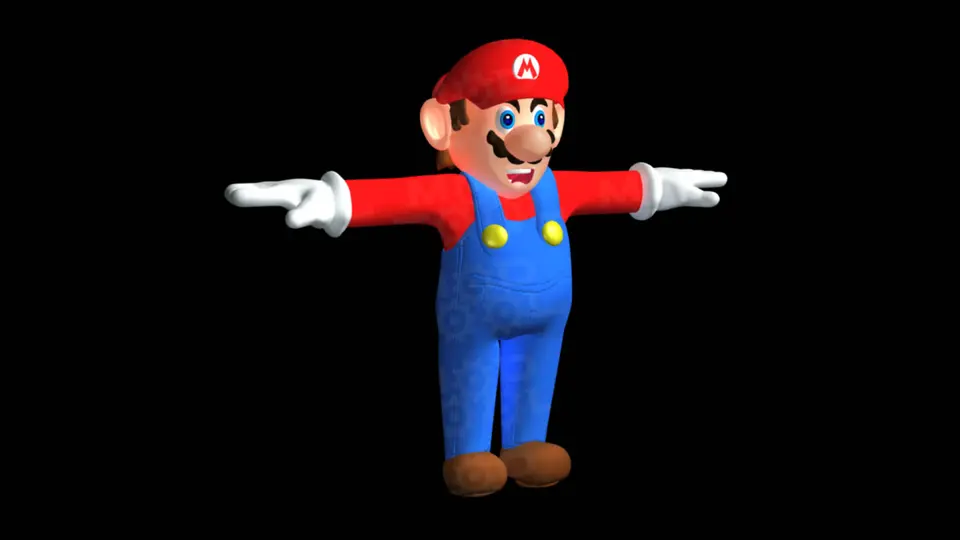 3D model of a moustached character in a red "M" cap and blue overalls, arms held straight out sideways