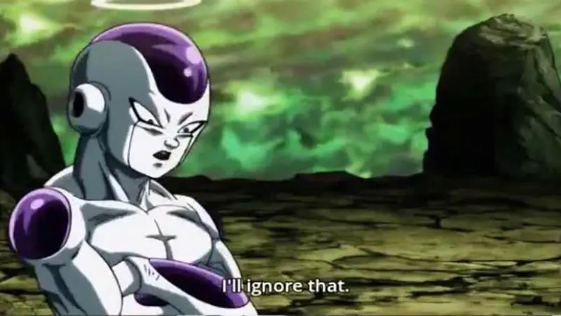 Anime villain with white and purple armored skin standing in a rocky green landscape, subtitled "I'll ignore that."