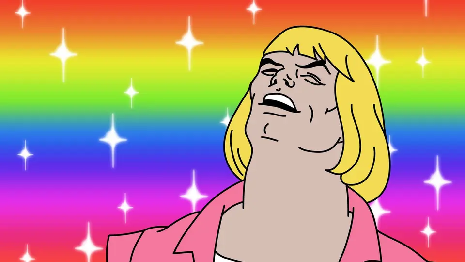 Cartoon He-Man with a blonde bob and pink jacket, head tilted back mid-song, against a rainbow gradient with white sparkles