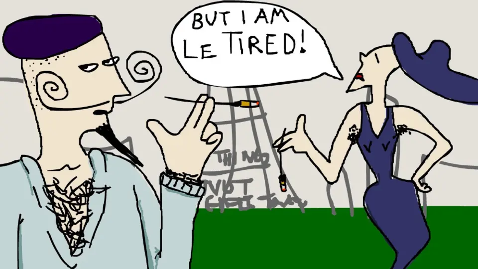 A crude cartoon man declaring "BUT I AM LE TIRED!" from the 2003 End of the World Flash cartoon