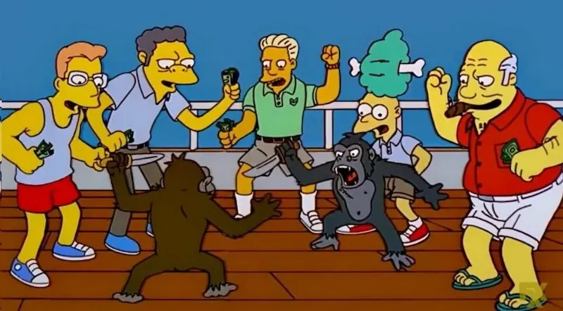 Simpsons still of cartoon men waving cash on a boat deck while two monkeys fight, one holding a bone