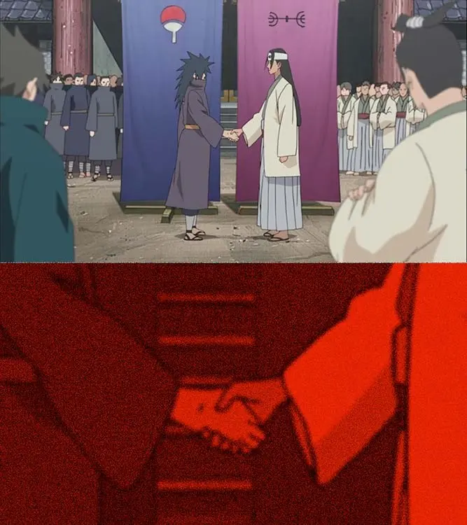 Two-panel anime screenshot: two ninja shaking hands before banners and a crowd, then a red-tinted close-up of the clasped hands