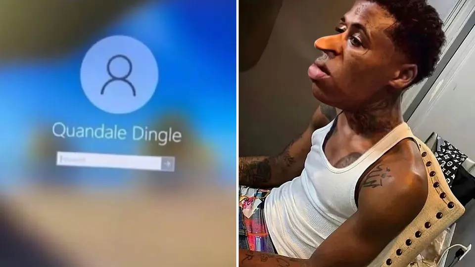 Blurry Windows login screen naming the user "Quandale Dingle", beside a heavily distorted photo of a man in a white tank top
