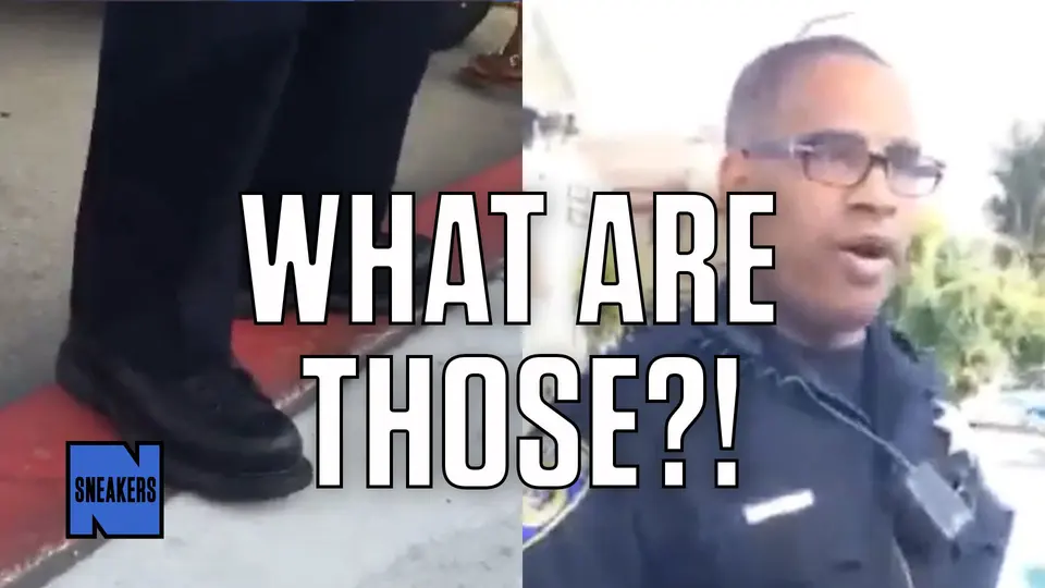 Split video still: close-up of black boots on pavement beside a shouting man in glasses, captioned "WHAT ARE THOSE?!"