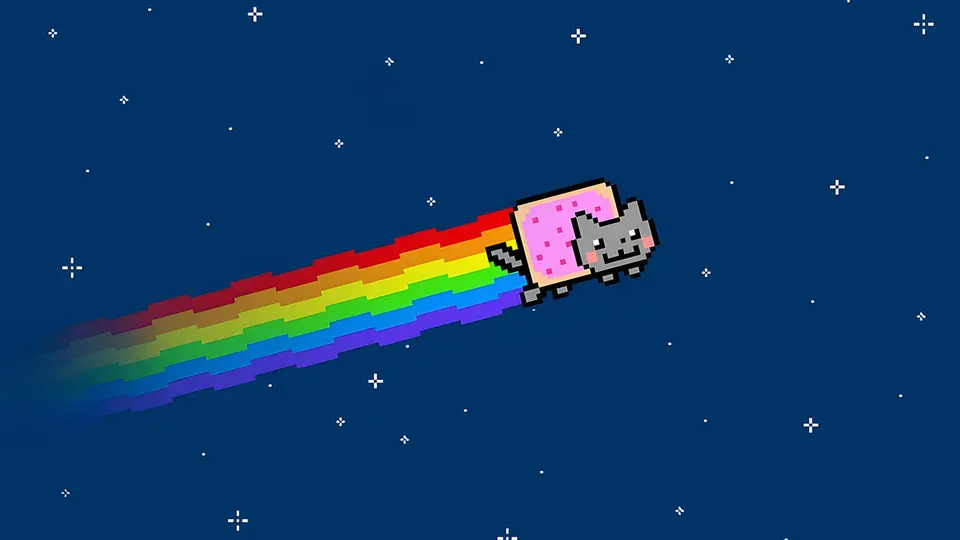 Pixel-art grey cat with a pink frosted Pop-Tart body trailing a rainbow across a dark starry sky