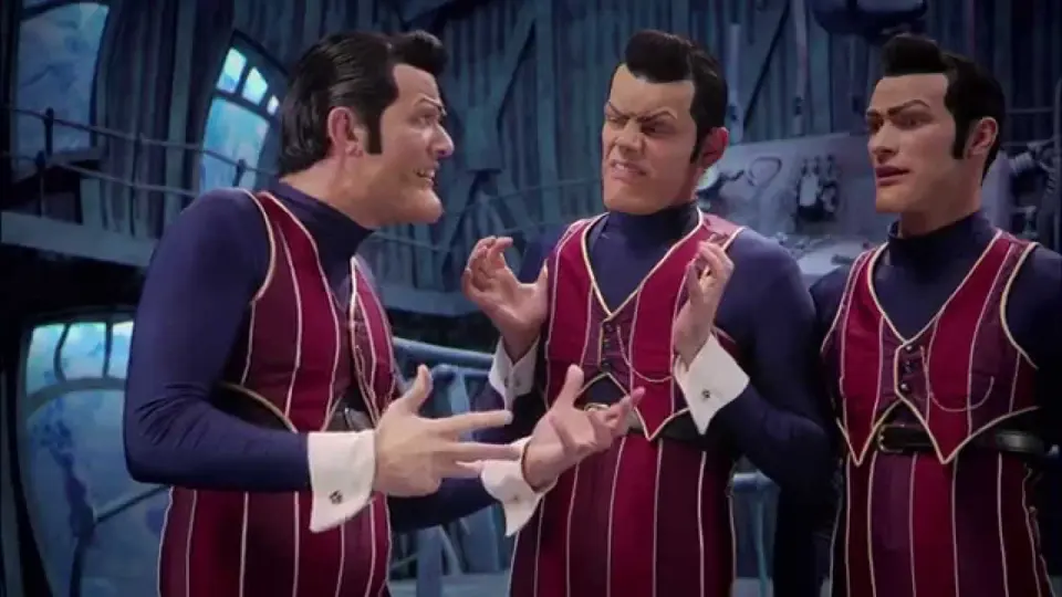 Three LazyTown Robbie Rotten characters in pinstripe costumes from "We Are Number One"
