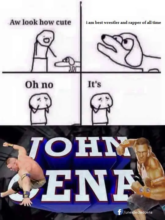 Four-panel stick comic ending "Oh no" and "It's" above a wrestling graphic reading "JOHN CENA" with an /unexpectedcena tag