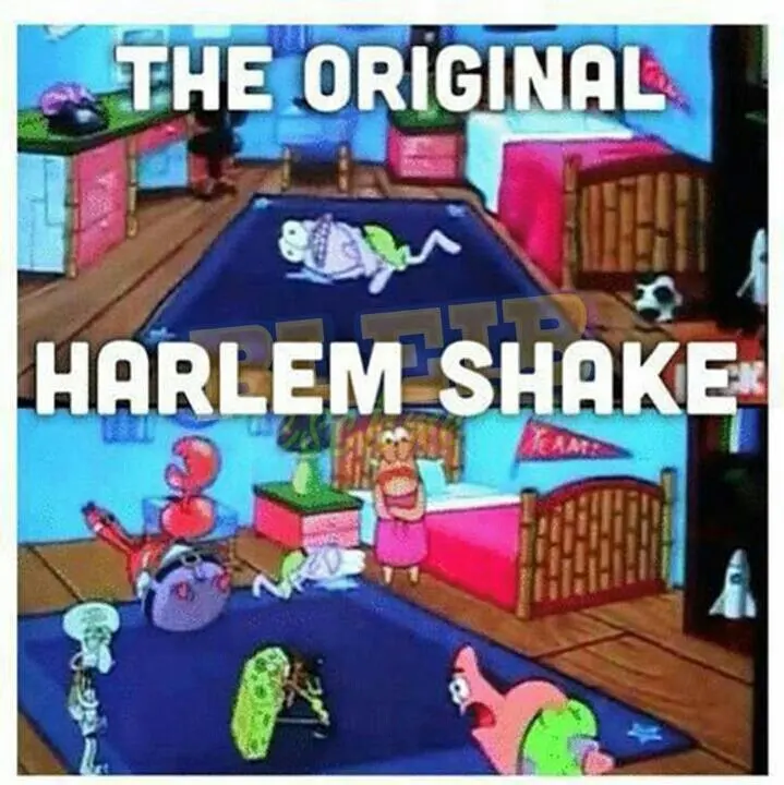 Two-panel SpongeBob screenshot captioned "The original Harlem Shake," one character alone above and a roomful flailing below