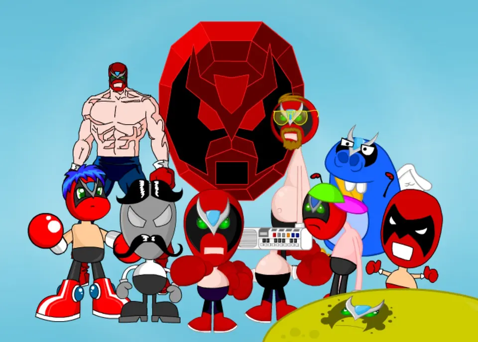 Stylized fan art of the buff Homestar Runner cast in Strong Bad luchador masks