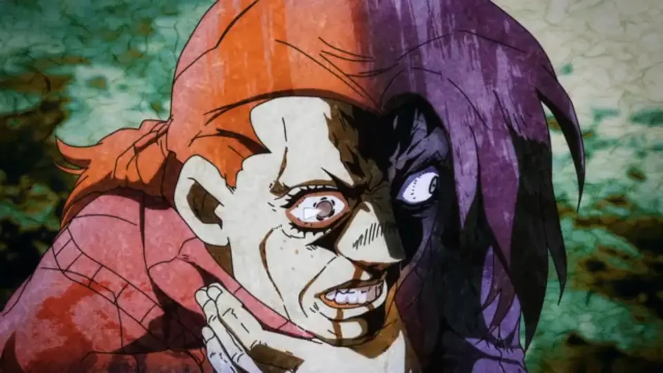 Anime close-up of a character whose face splits between an orange headscarf and purple hair, hand at his throat, teeth bared