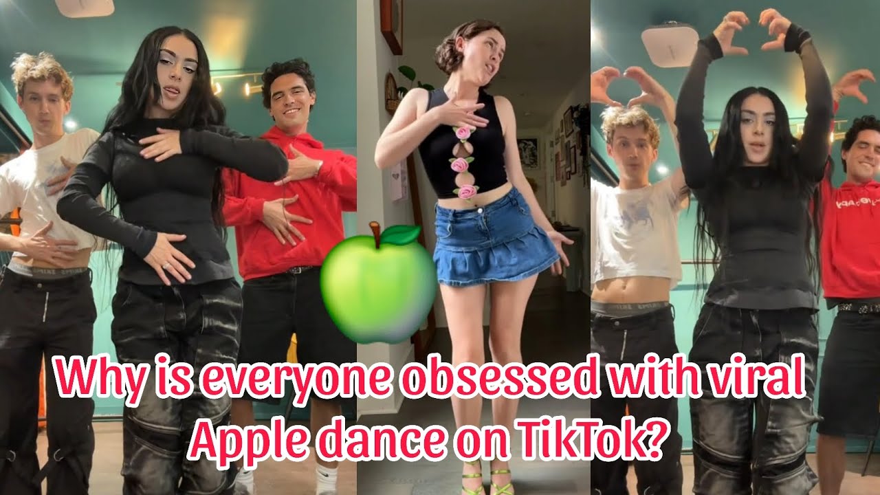 Three-panel video collage of people performing a hand-and-arm dance, captioned "Why is everyone obsessed with viral Apple dance on TikTok?"