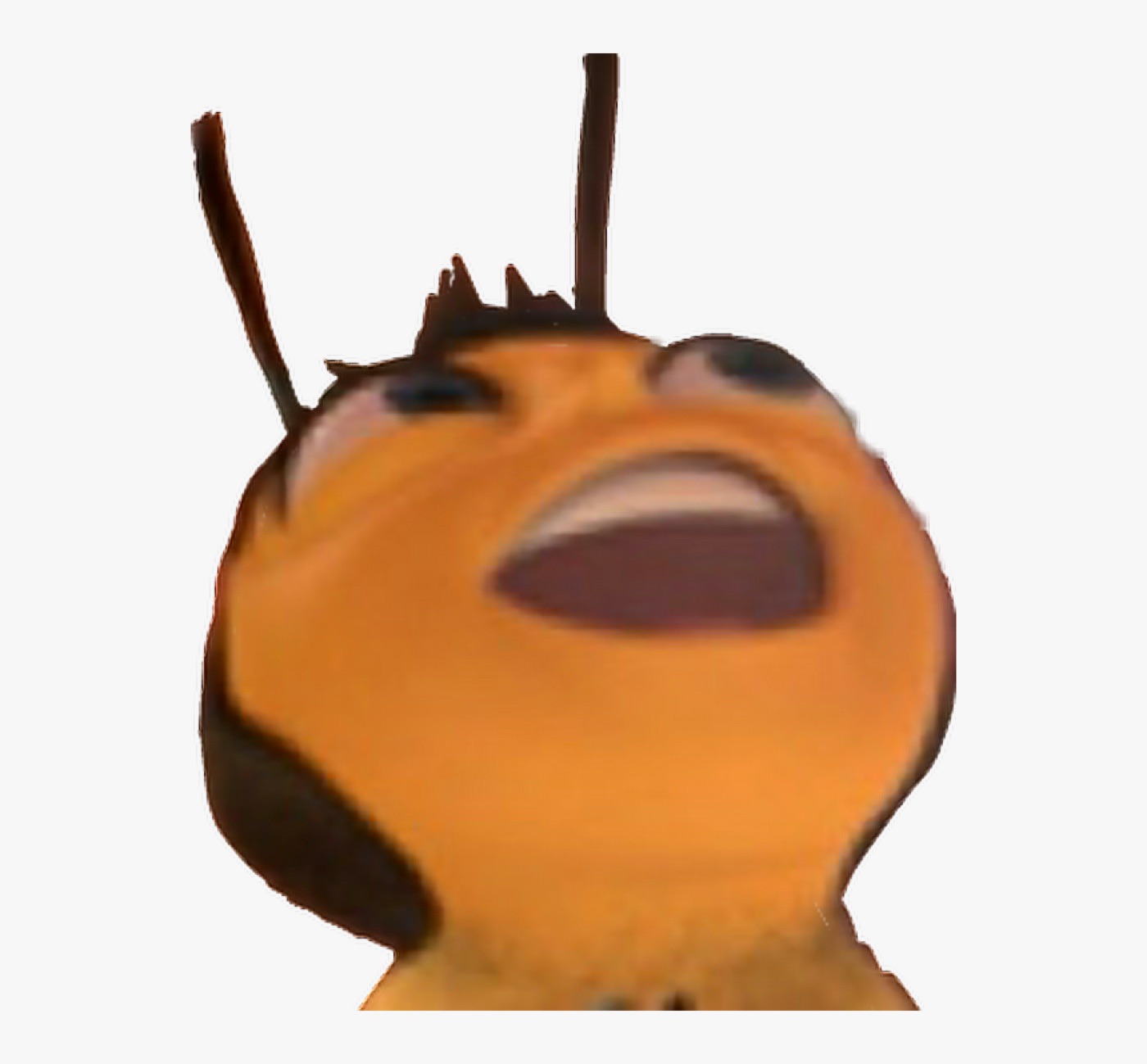 Close-up of the animated bee from Bee Movie tilting his head back with his mouth open, low-resolution cutout on white