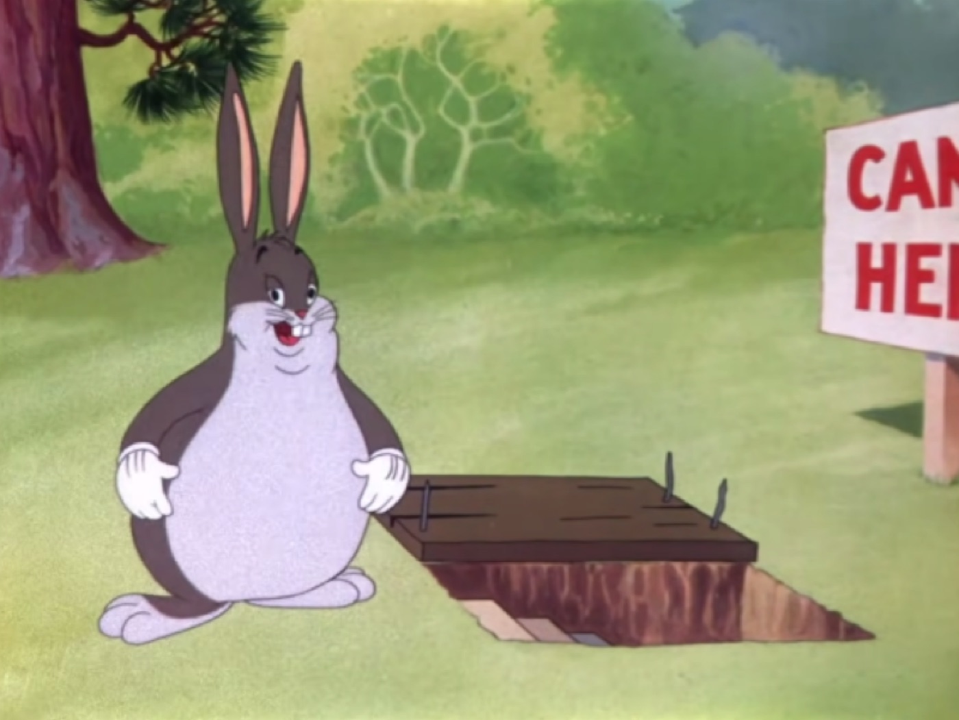 Grey cartoon rabbit with an enormously round white belly standing on grass beside an open pit and a partly visible sign