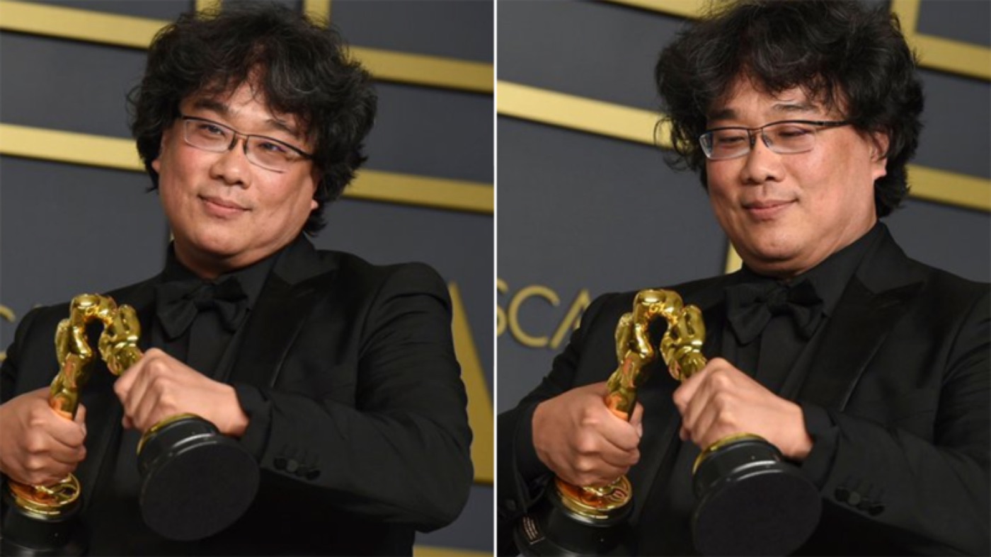 Side-by-side press photos of a smiling man in a tuxedo holding two golden Oscar statuettes face to face