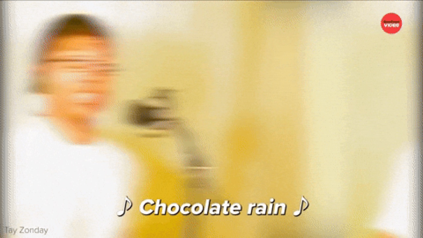 Heavily motion-blurred video frame of a person in a white shirt, subtitled "Chocolate rain" with a BuzzFeed logo
