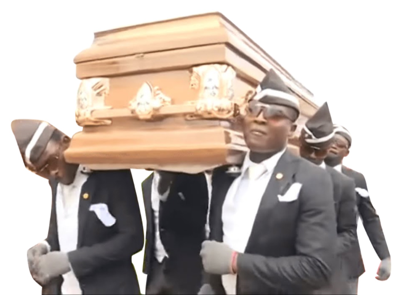 Pallbearers in black suits, sunglasses and white gloves carrying a gold-trimmed coffin on their shoulders, cut out on white