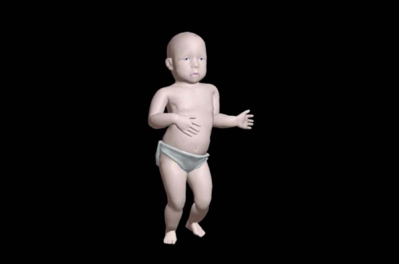 The 1996 3D-rendered Dancing Baby in a diaper, posed mid cha-cha on a black background