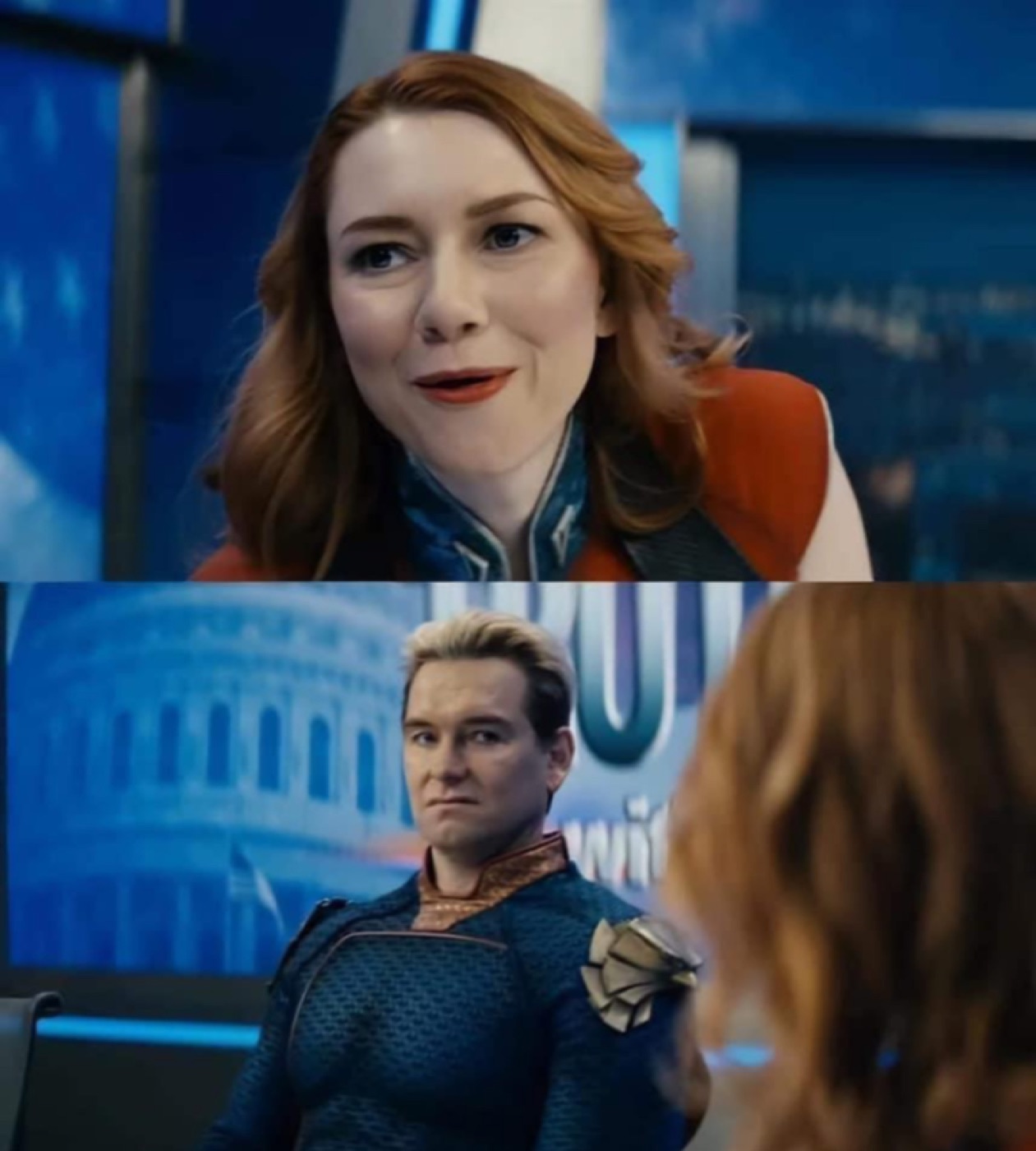 Two-panel show screenshot: a red-haired woman speaking, then a blond man in a blue superhero suit staring back, unimpressed