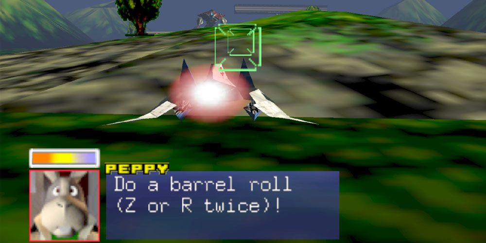 Star Fox 64 screenshot: an Arwing over green terrain with Peppy portrait and text "Do a barrel roll (Z or R twice)!"