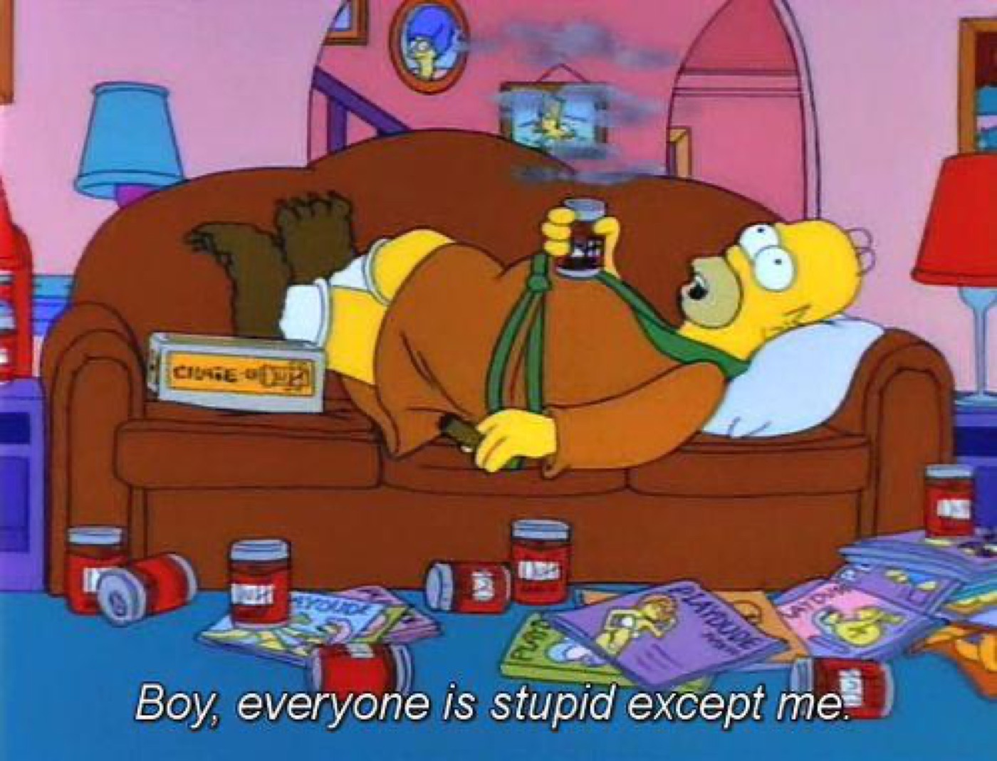 Homer Simpson lounging on a couch with a drink, captioned "everyone is stupid except me"