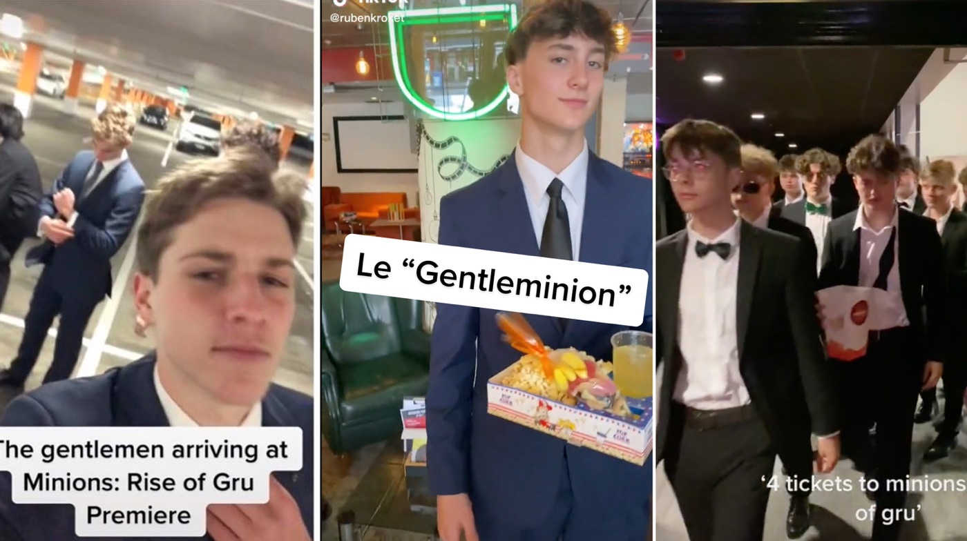 Three cinema clips of teenage boys in suits and ties, captioned "The gentlemen arriving at Minions: Rise of Gru Premiere"