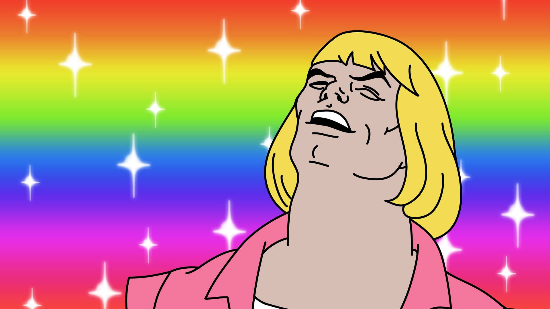 Cartoon He-Man with a blonde bob and pink jacket, head tilted back mid-song, against a rainbow gradient with white sparkles