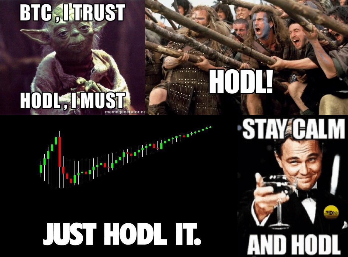 Four-panel collage: Yoda, warriors gripping pikes, a rising candlestick chart, and a man toasting, all captioned "HODL"
