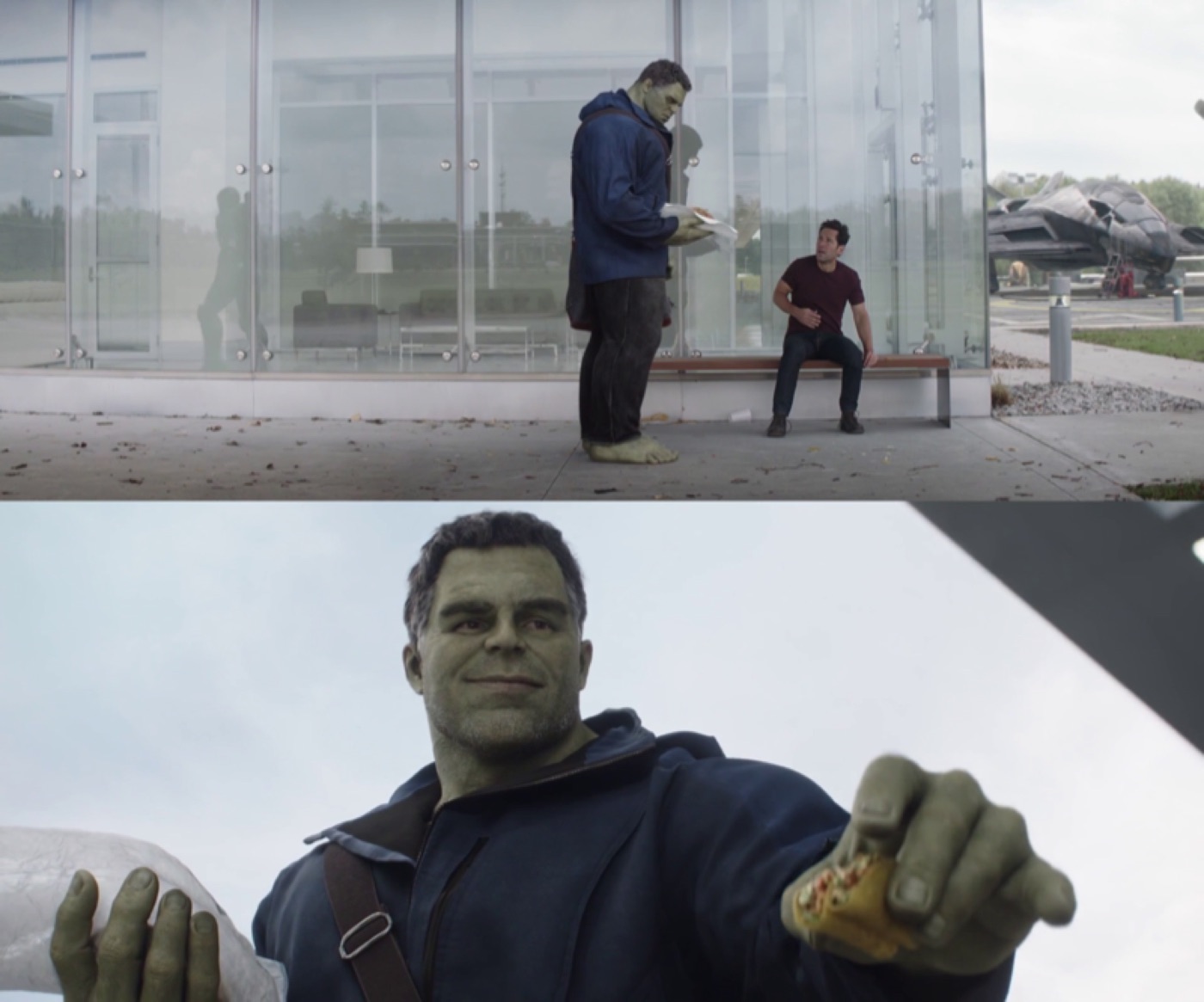 Two stills: a green-skinned Hulk in a hoodie beside a man seated outside a glass building, then offering a small taco