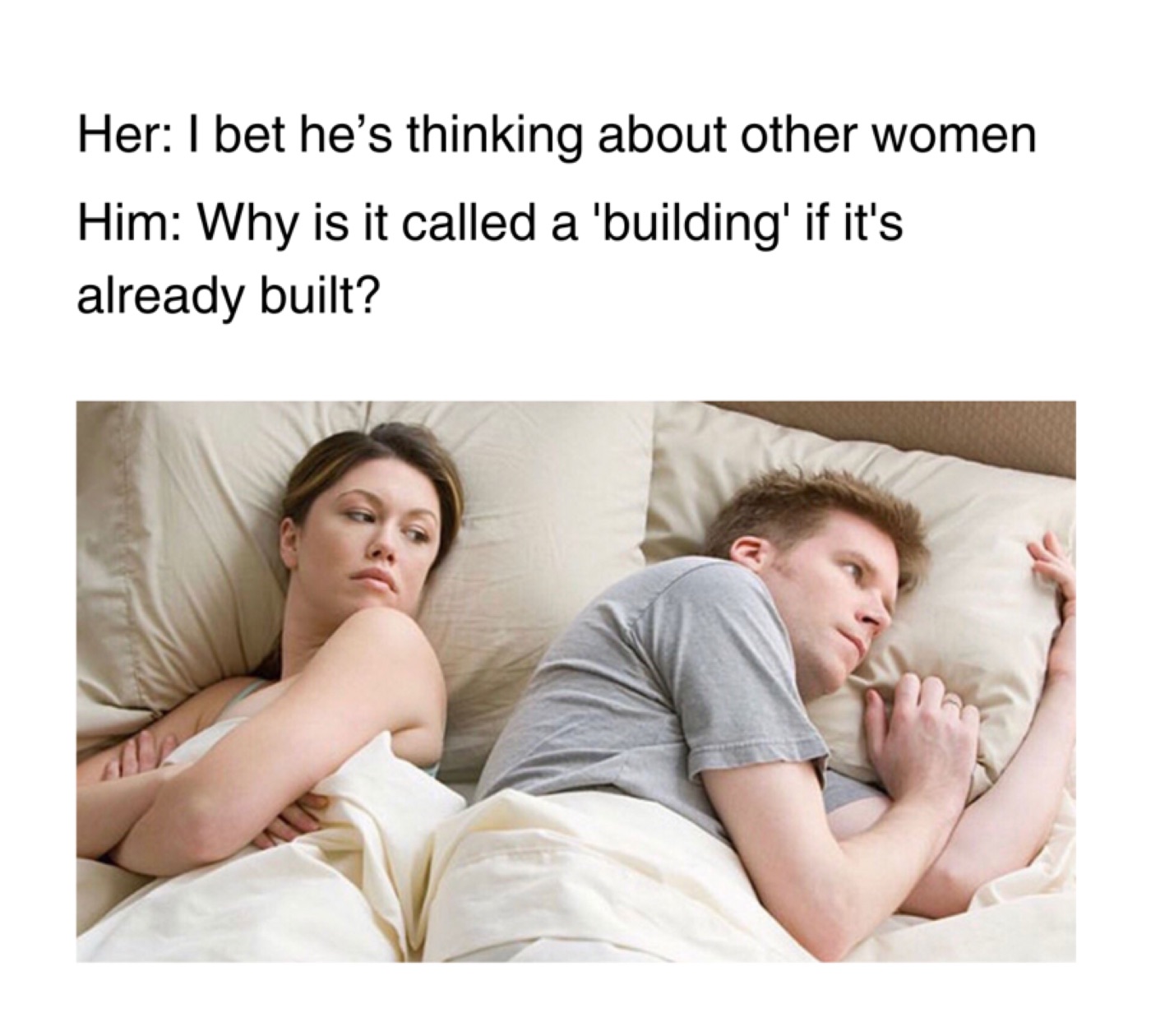 Couple lying awake back-to-back in bed, captioned "Her: I bet he's thinking about other women" over his mundane thought about buildings
