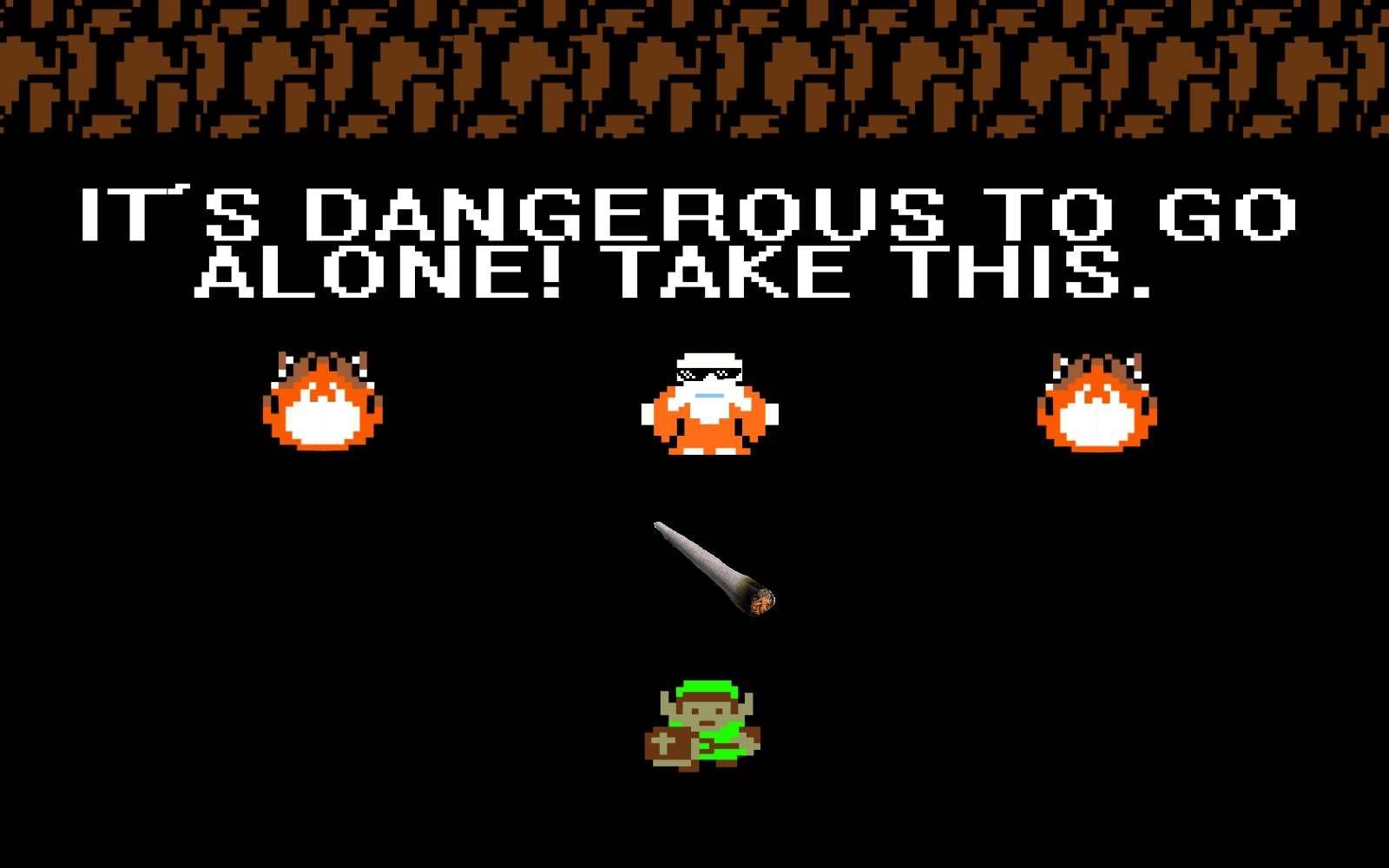 Pixel-art cave from an 8-bit game, text "It's dangerous to go alone! Take this.", a lit joint hovering above a small green-hatted hero