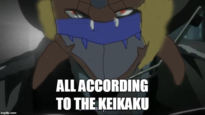 Dark armoured anime creature with red eyes and a blue mouth guard, captioned "ALL ACCORDING TO THE KEIKAKU", imgflip watermark