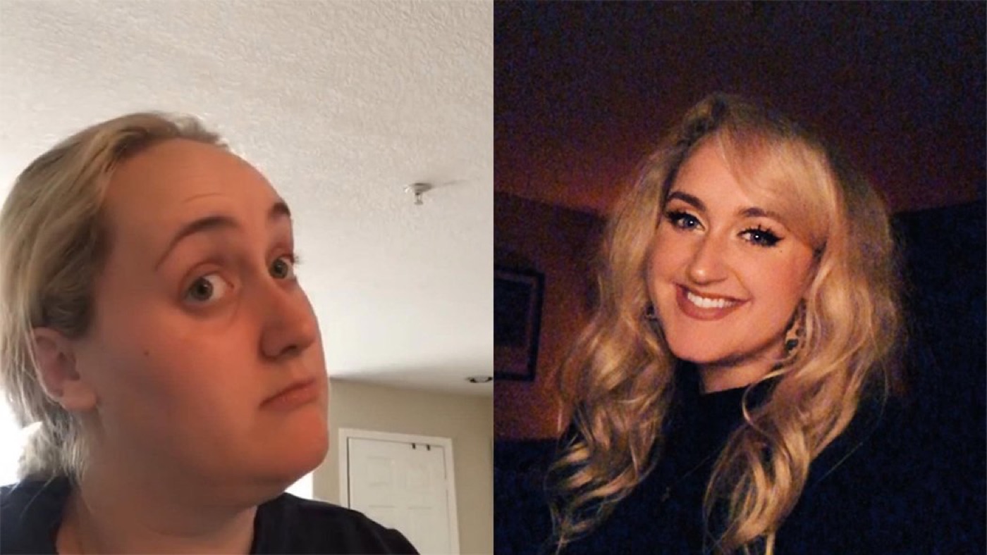 Split image of a blonde woman's skeptical kombucha-tasting face beside a smiling selfie