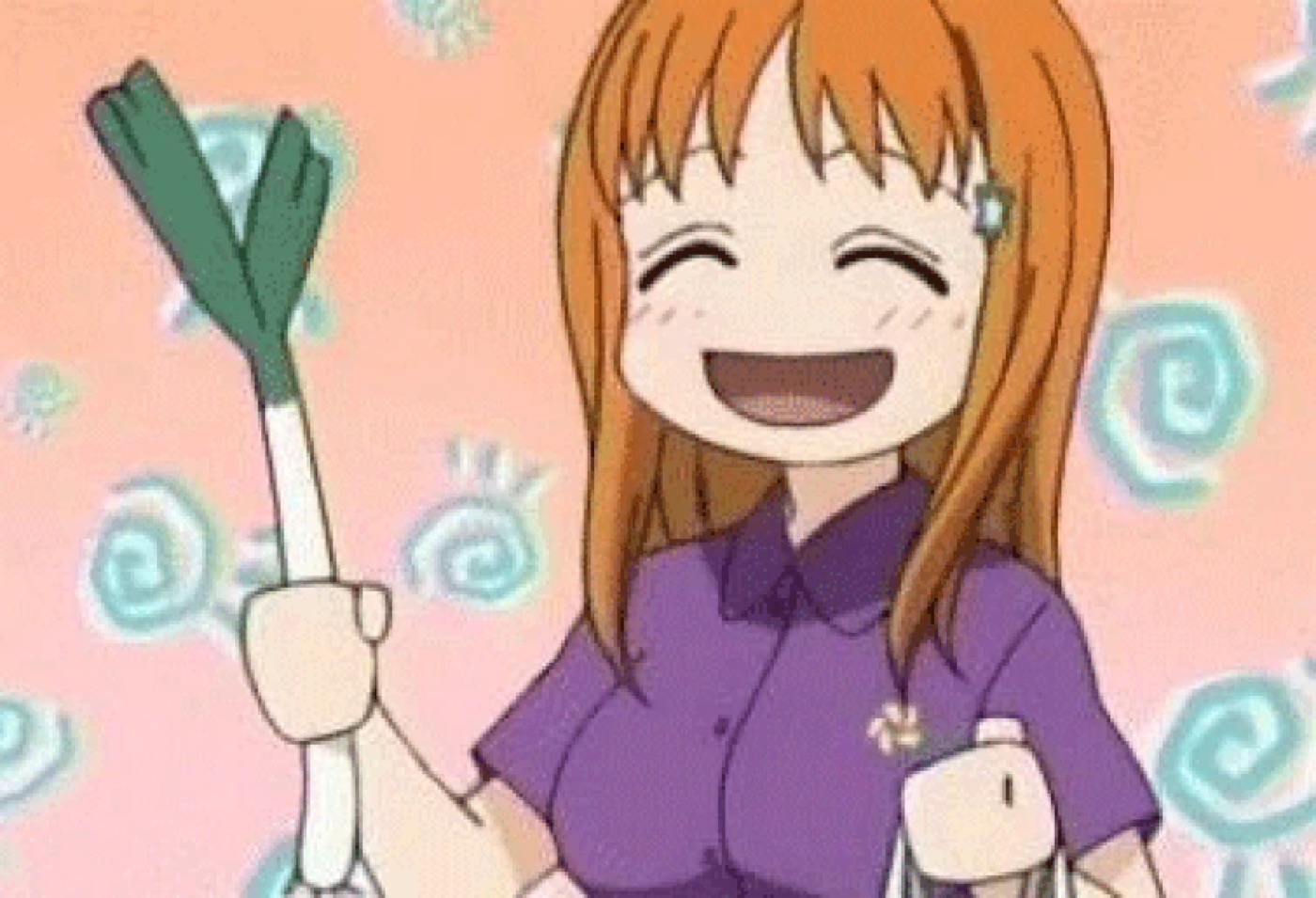 Smiling orange-haired anime girl in a purple shirt holding a green leek, pale blue swirls behind her