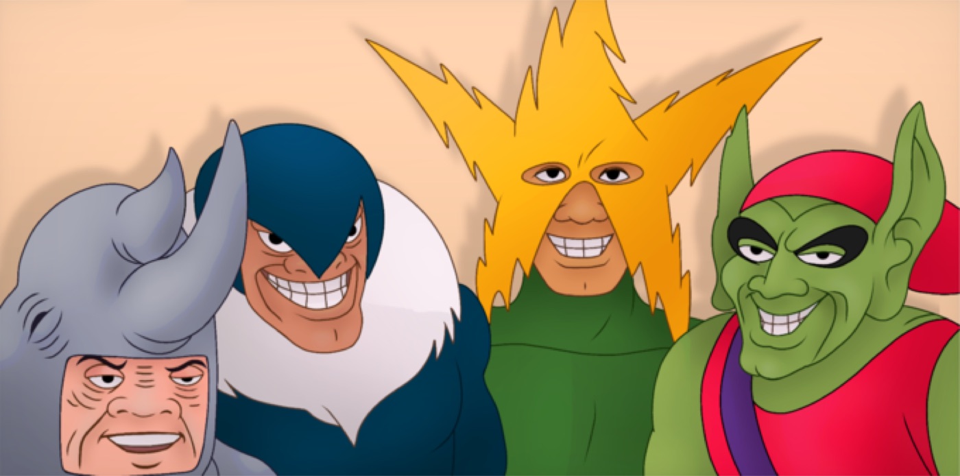 Four grinning cartoon supervillains lined up: a rhino-headed man, a blue bird-man, a yellow lightning figure and a green goblin