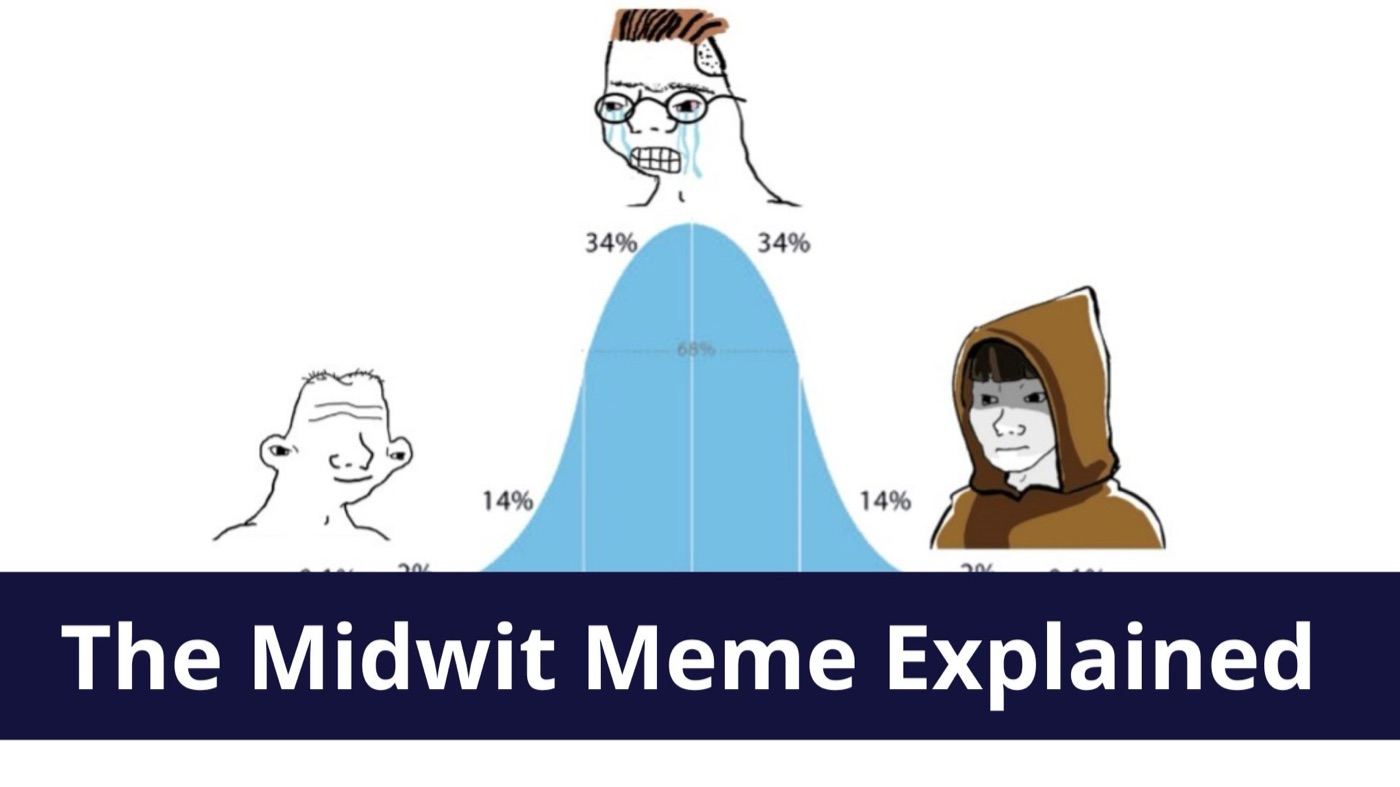 The IQ bell-curve "midwit" template: a brainlet on the left, a crying wojak in the middle, a calm hooded sage on the right