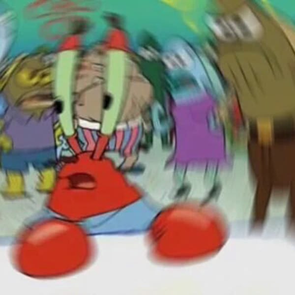 Heavily motion-blurred cartoon crab in a blue shirt standing open-mouthed in a crowded, smeared street scene