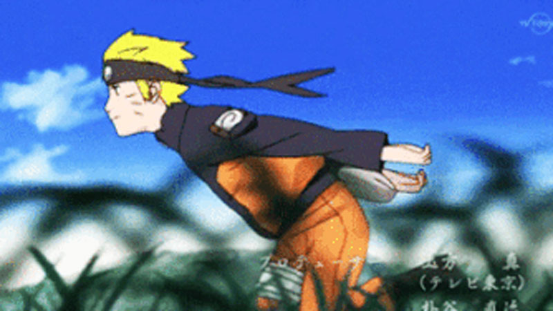 Blond anime ninja sprinting with torso pitched forward and both arms streaming behind him, blue sky and Japanese credits