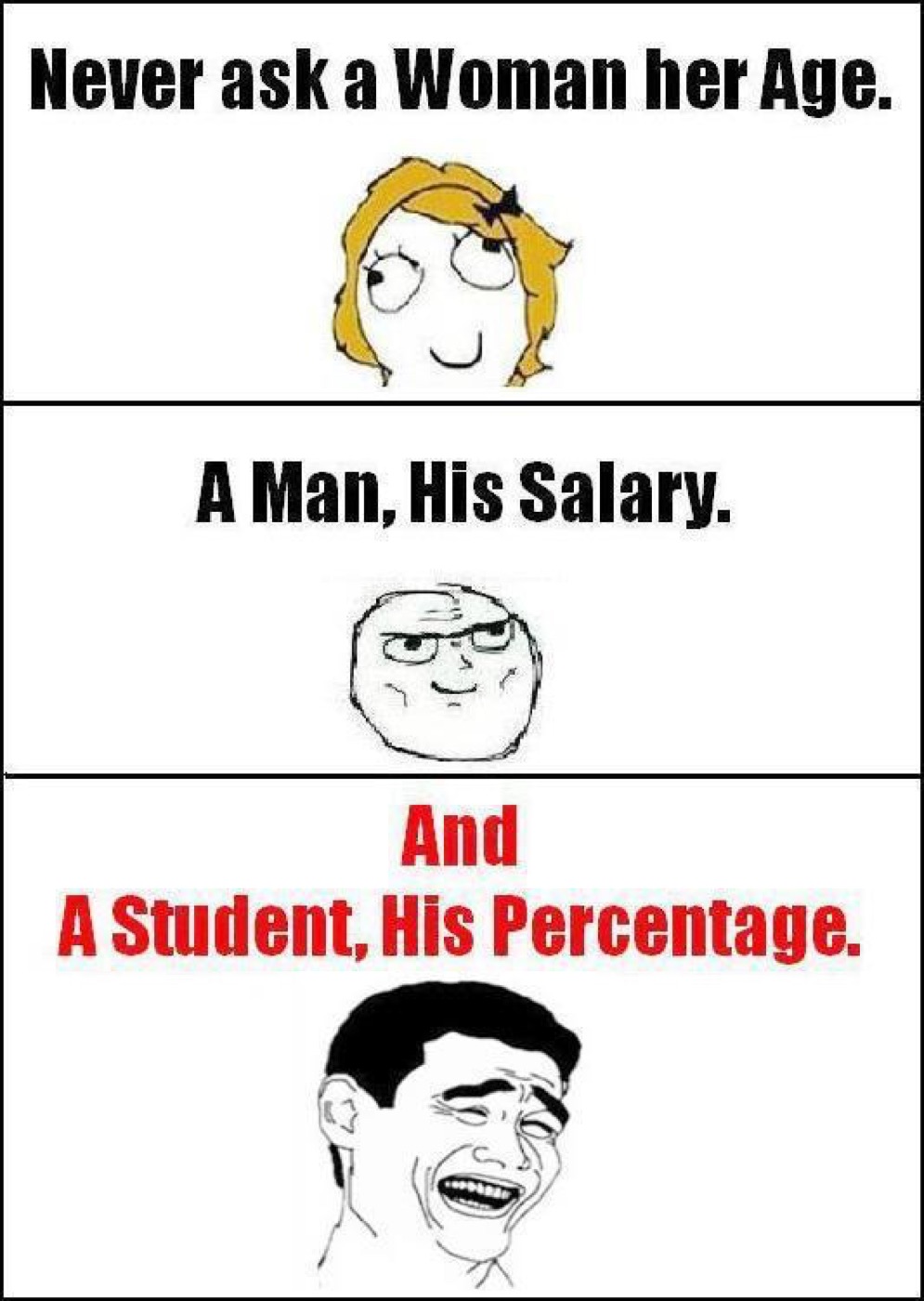 Three-panel rage-comic: never ask a woman her age, a man his salary, a student his percentage
