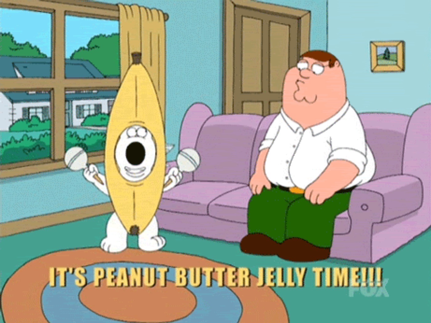 Cartoon dog in a yellow banana suit dancing with maracas beside a seated man, caption "IT'S PEANUT BUTTER JELLY TIME!!!"